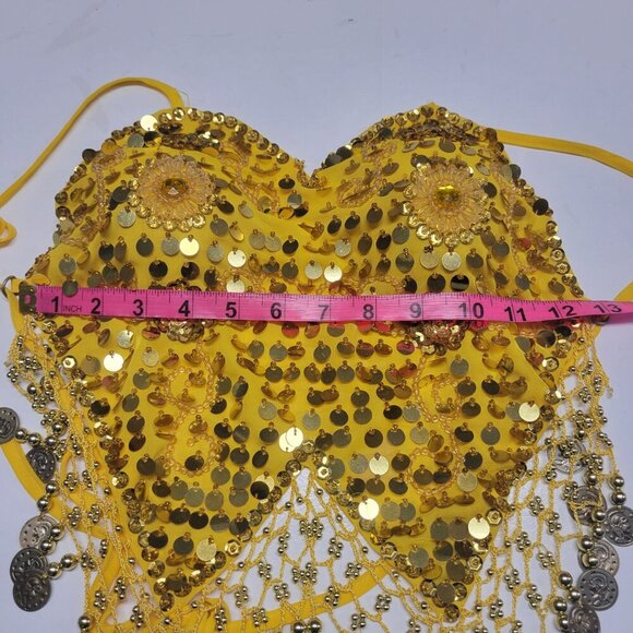 Yellow Sequin Halter Crop Top Silver Sequin Backless Belly Dancing Tops NEW - Picture 11 of 12